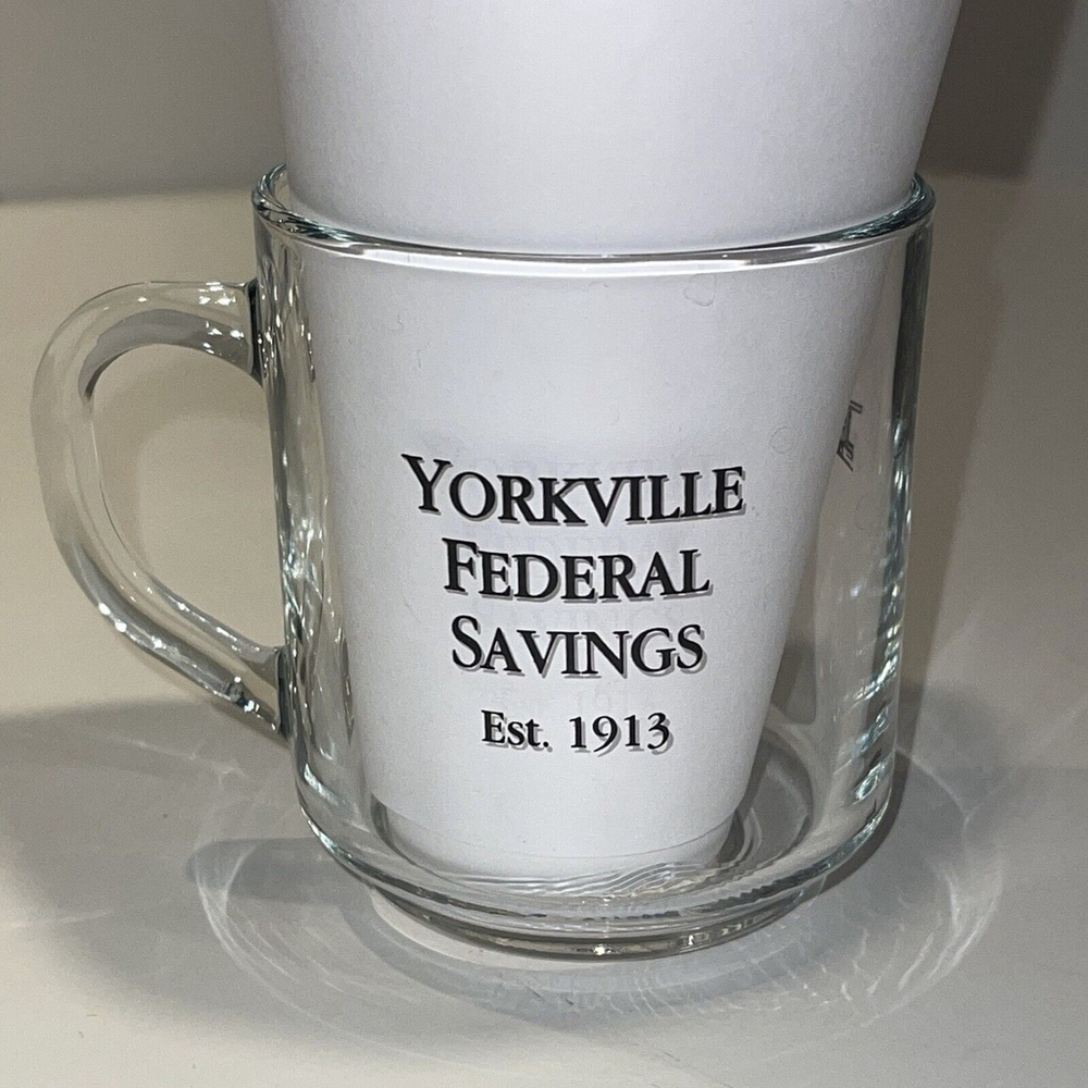 Valhalla‎ Railroad Station Yorkville Federal Savings Bank Clear Glass Mug EUC - Picture 2 of 9